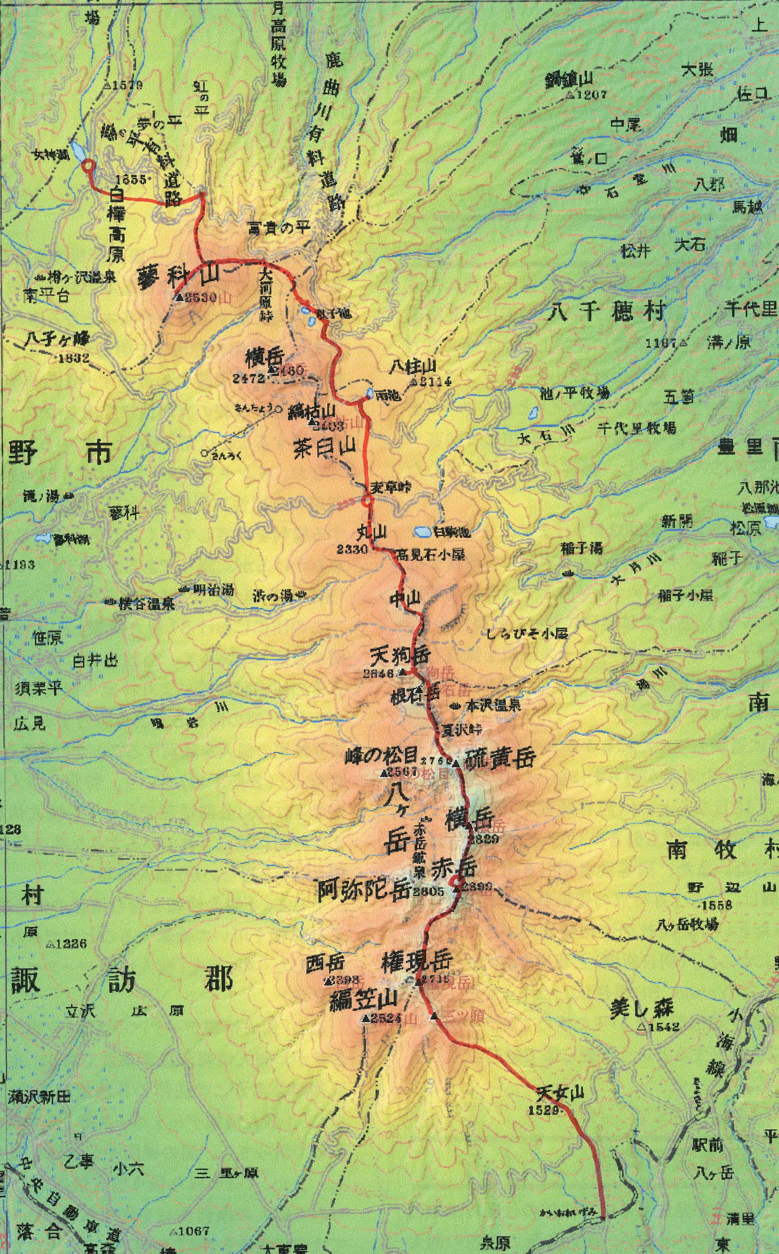 八ヶ岳_蓼科山ー赤岳ー権現山の縦走トレースmap、クリックで拡大します。