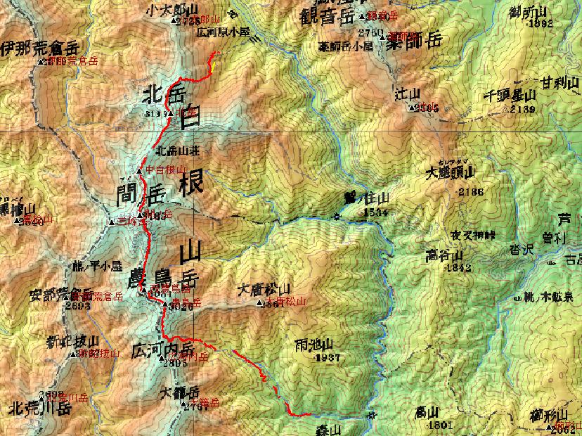 北岳ー農鳥岳の縦走トレースmap