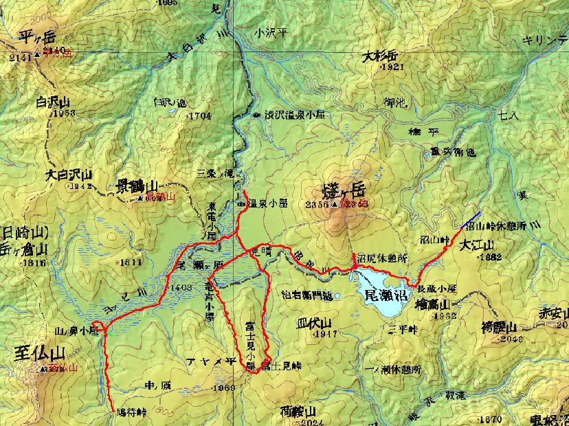 沼山峠ー富士見峠ー鳩待峠トレースmap、クリックで拡大します。