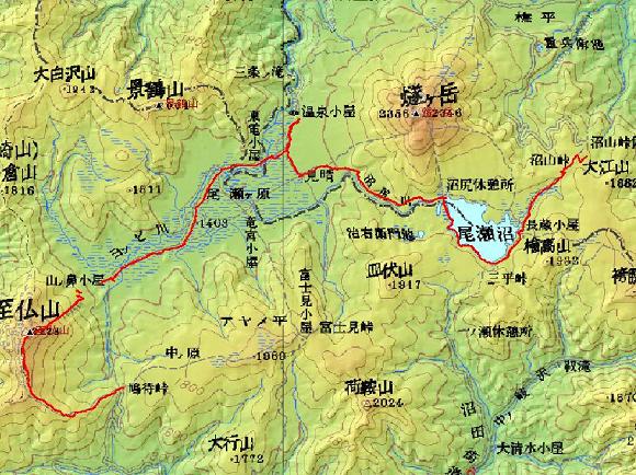 小渕沢田代ー尾瀬沼ー至仏トレースmap、クリックで拡大します。