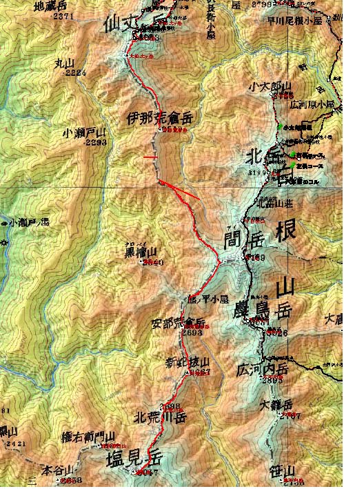 仙丈岳ー塩見岳の縦走トレースmap