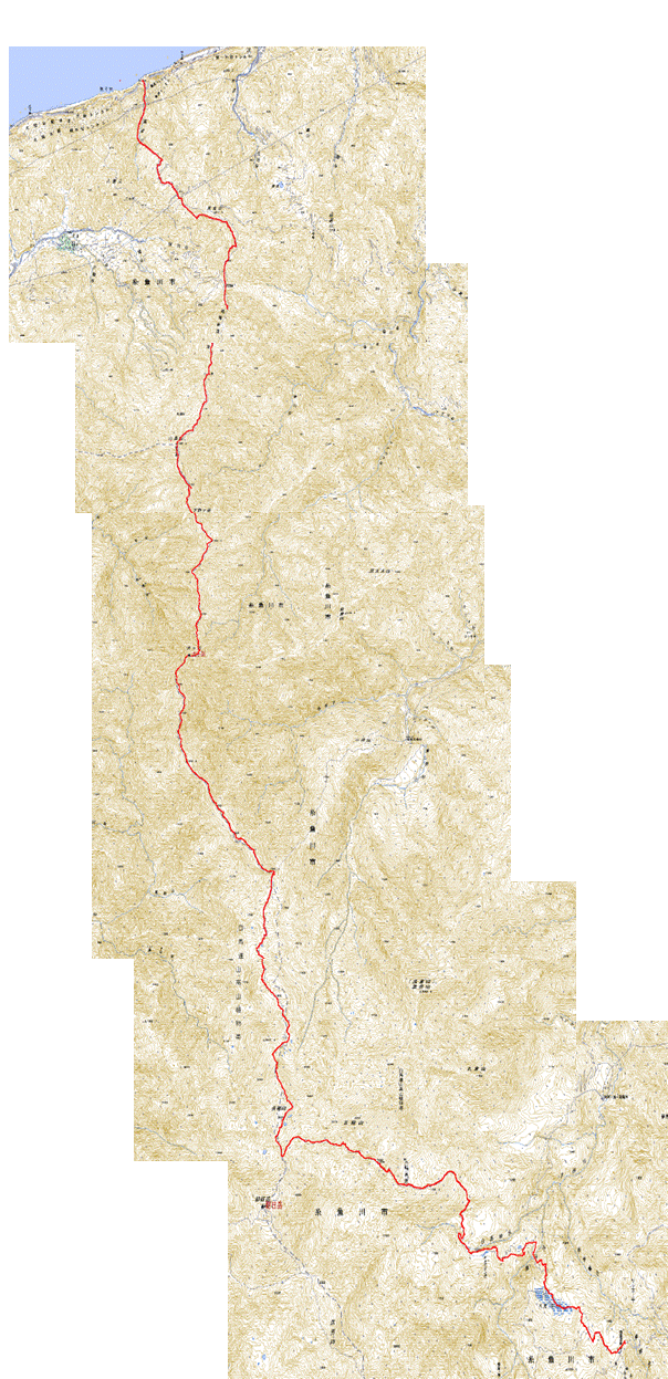 蓮華温泉ー朝日岳ー黒岩平ー犬ケ岳ー白鳥岳ー親不知のGPSトレースmap、クリックで拡大します。
